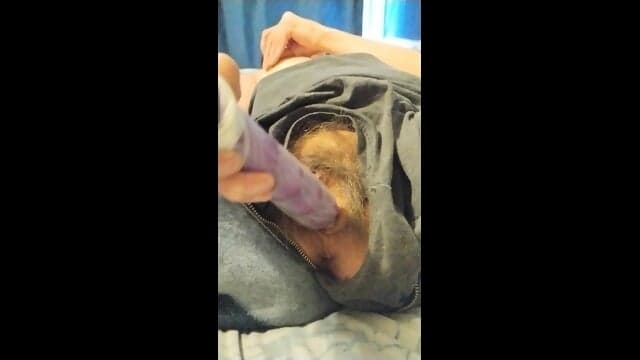 Hairy Granny Using Pink Dildo With Condom
