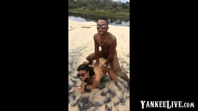 Interracial Threesome On The Beach - Amateur Doggy Style